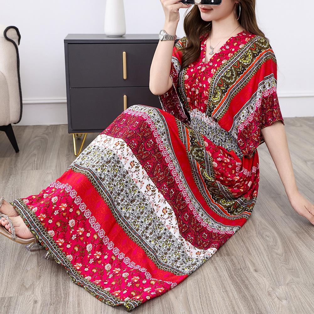 26-Year Floral V-Neck Cotton Silk Batwing Sleeve Beach Dress - Thailand Travel & Vacation Skirt Style