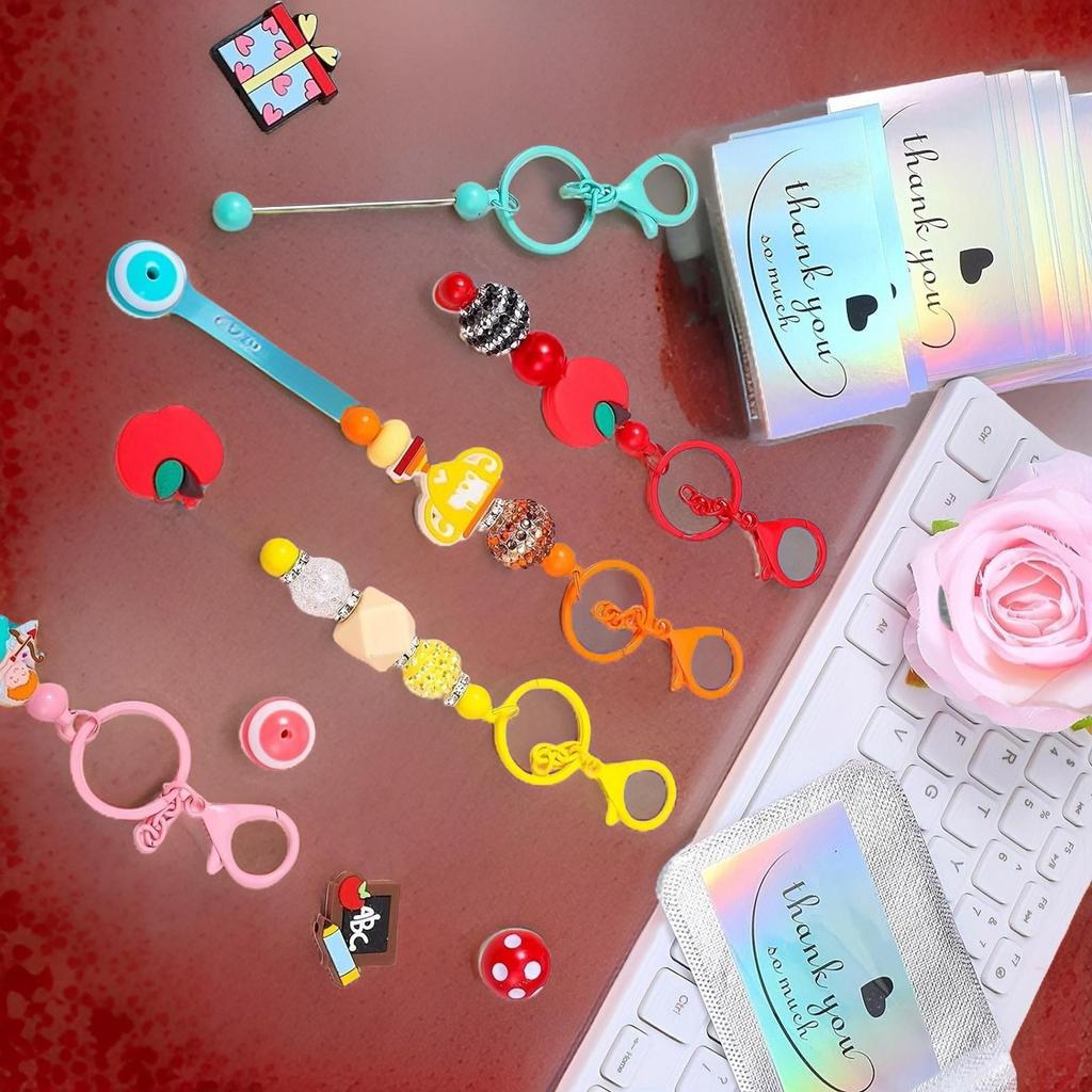 Portable Handmade Keychain Craft Supplies Crafting Bundles with Metal Bead Rods Clear Bags and Thank You Cards