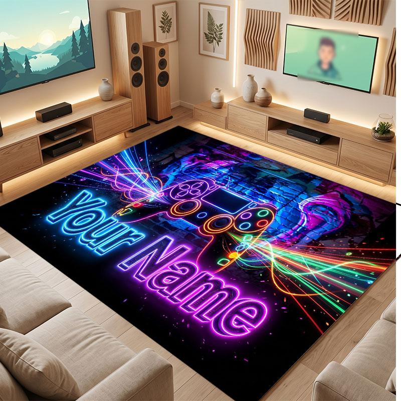 Neon Colorful Theme Crystal Velvet Floor Rug Personalized Custom Name Text Warm Carpet Home Decoration