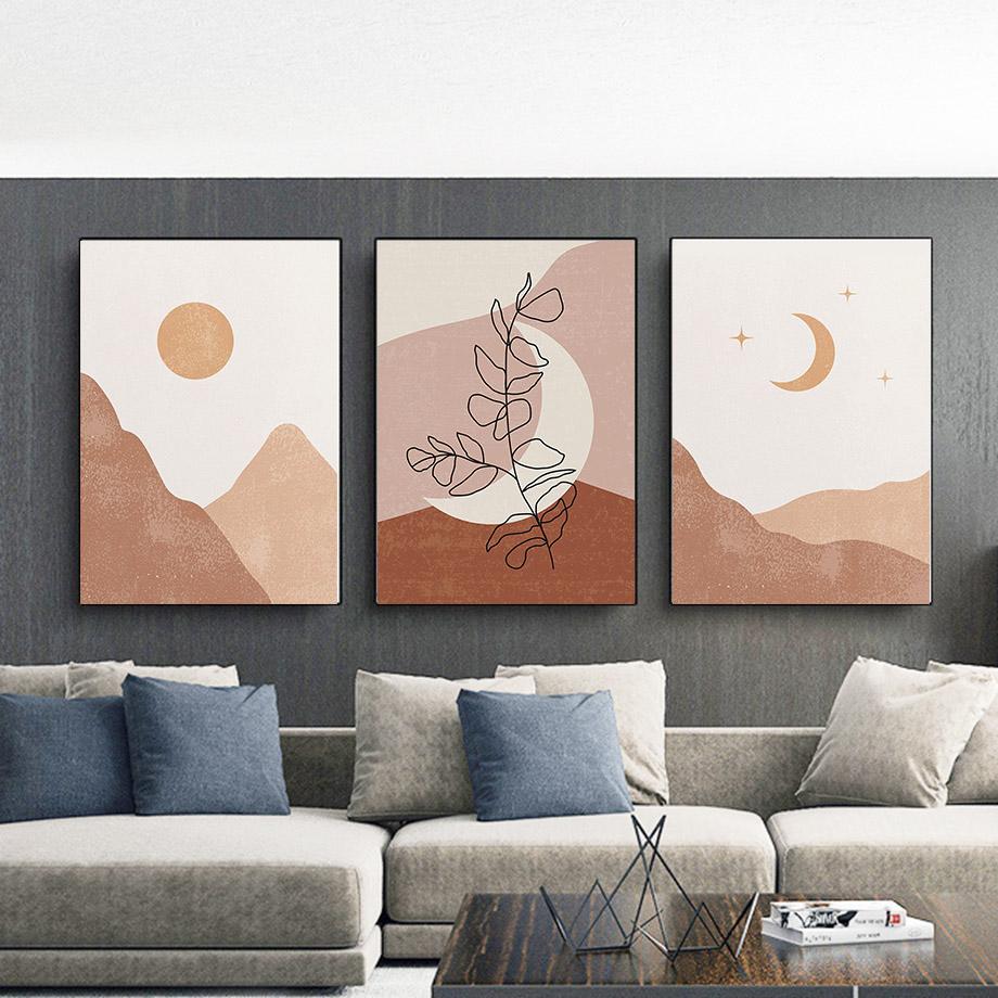 Abstrakte Mädchen Gesicht Blatt Sonne Mond Berg Nordic Poster Und Drucke Wand Kunst Leinwand Malerei Wand Bilder Für Wohnzimmer Dekor