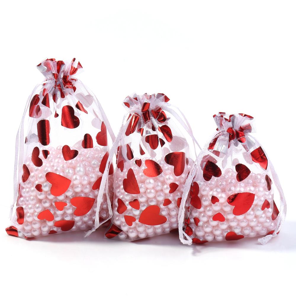 10 Stück/Los 9x12cm Rote Herz Organza Beutel Geschenk Schmuck Verpackung Aufbewahrungsbeutel Für Hochzeit Weihnachten Süßigkeiten Geschenk Kordelzug Beutel