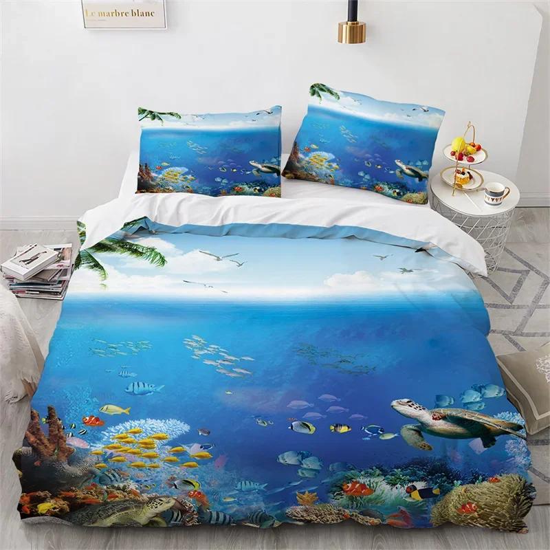 Sea Animal Turtle Duvet Cover Queen Microfiber Dolphin Octopus Conch Starfish Quilt Cover Ocean Theme Bedding Set For Boys Girls