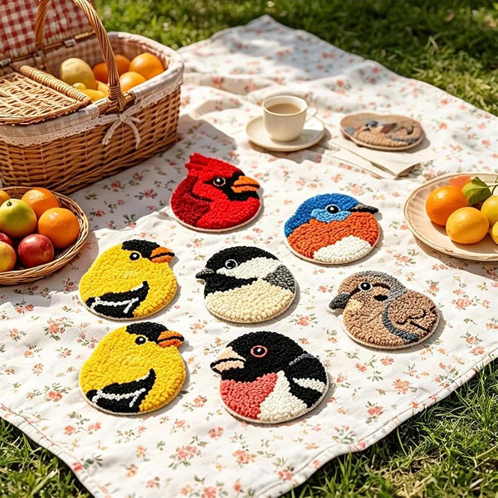 6 PCS DIY Bird Coasters Punch Needle Kit With Hoop Yarn & Patterns Handmade Tufted Bird Mug Rug Craft Set For Adults Stress Relief Home Decor Gift