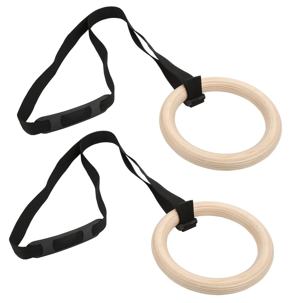 1 Pair Wooden Gymnastic Rings with Adjustable Buckle Straps 330lbs Capacity Pull Up Exercise Rings for Home Gym Workout