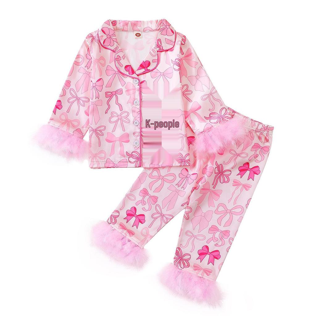 Kids' Christmas Bow Pajama Set - Casual Long Sleeve with Frayed Edges