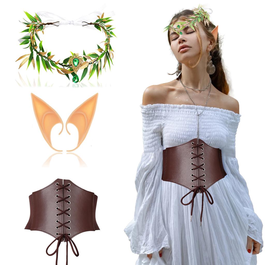 Retro Forest Temperament Suit Elf Gold Leaf Forehead Pendant Headband Elf Ear Clip PU Leather Waist Seal Role Play Accessories