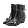 Fashion Liyke Goth Fashion Design Belt Buckle Pointed Toe Zip Ankle Boots For Woman Low Square Heels Chelsea Shoes Women Booties Black