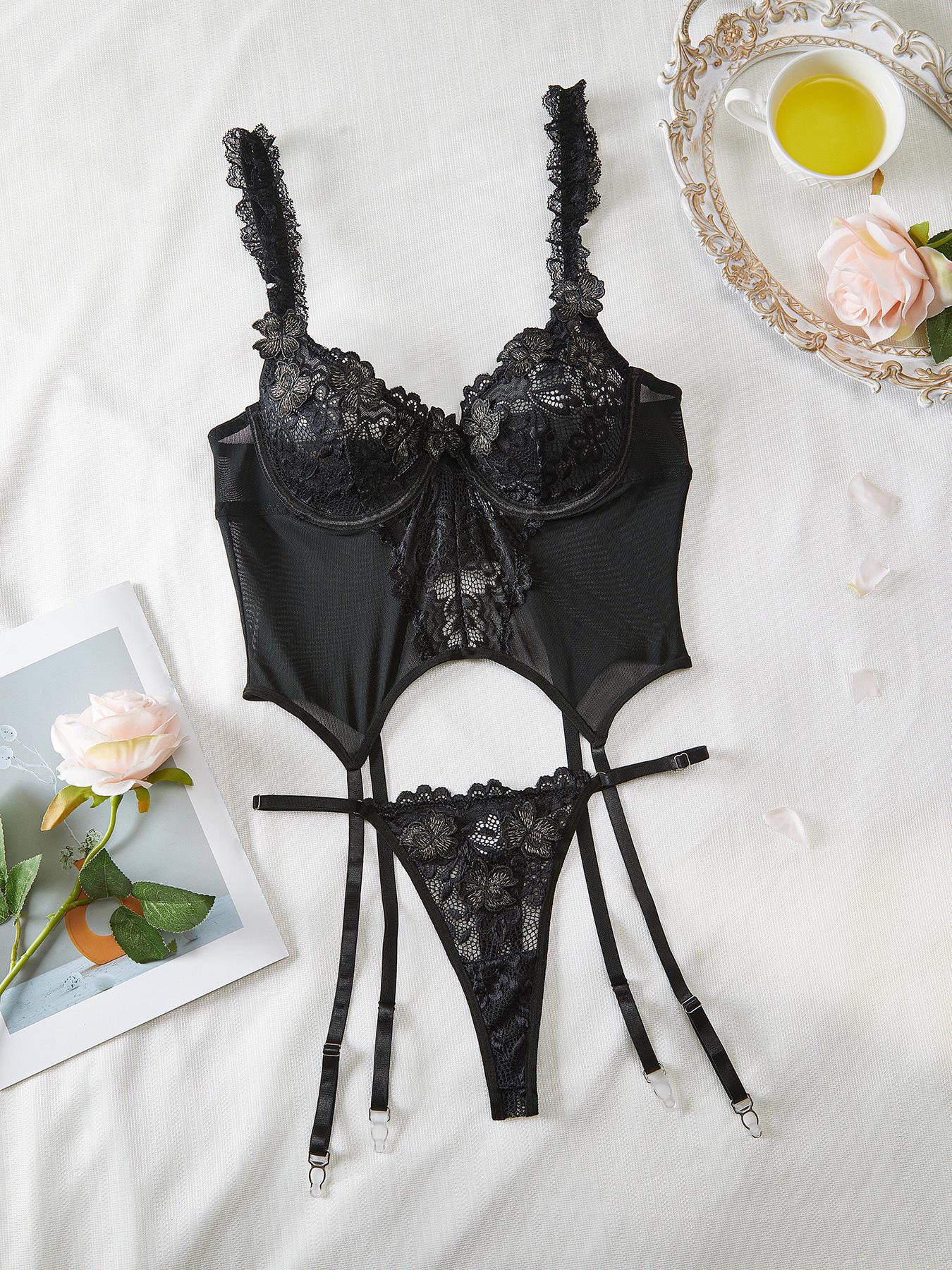 White French Camellia Lace Lingerie Set - Romantic, Sexy, See-through Bra S чёрный