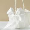 White Satin Pearl Wedding Flower Girl Basket with Gift Bow