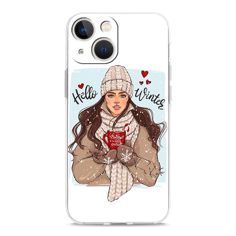 Christmas Art Girls Coffee Transparent Phone Case For iPhone 15 14 13 12 11 Pro Max XS X XR SE 7 8 Plus TPU Lens Protect Cover
