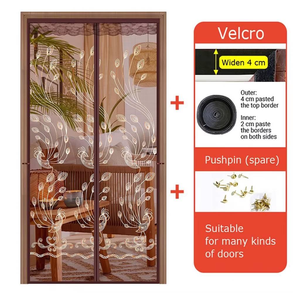 

Summer Coffee Color Peacock Embroidered Curtain Magnetic Closing Mosquito Thickened Screen No Drill Install Bedroom Living Room 90X210cm