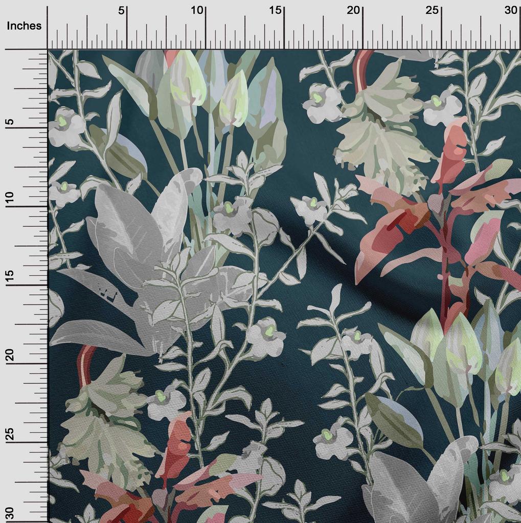 oneOone Cotton Cambric Dark Teal Blue Fabric Tropical Floral Sewing Material Print Fabric By The Yard 42 Inch