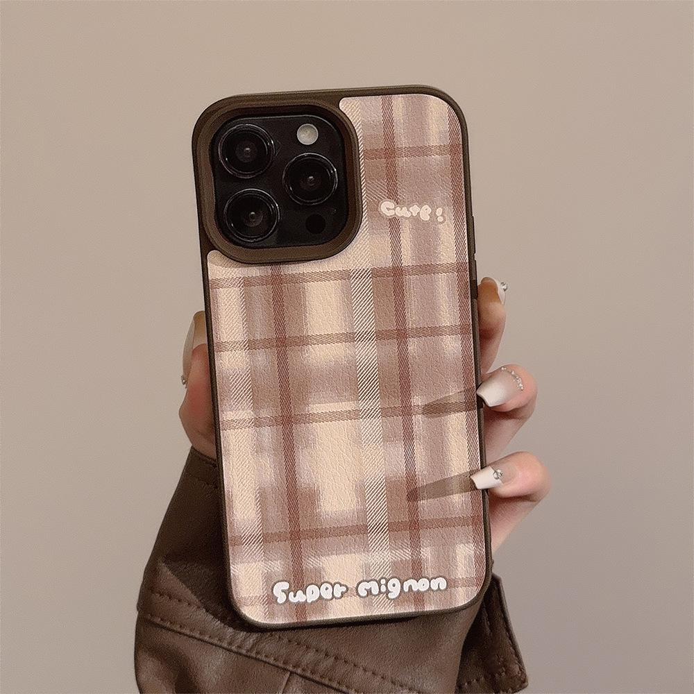 Maillard Brown Plaid IPhone 16 Phone Case Apple 14pro Leather 11 Suitable for 1312 Autumn and Winter Max