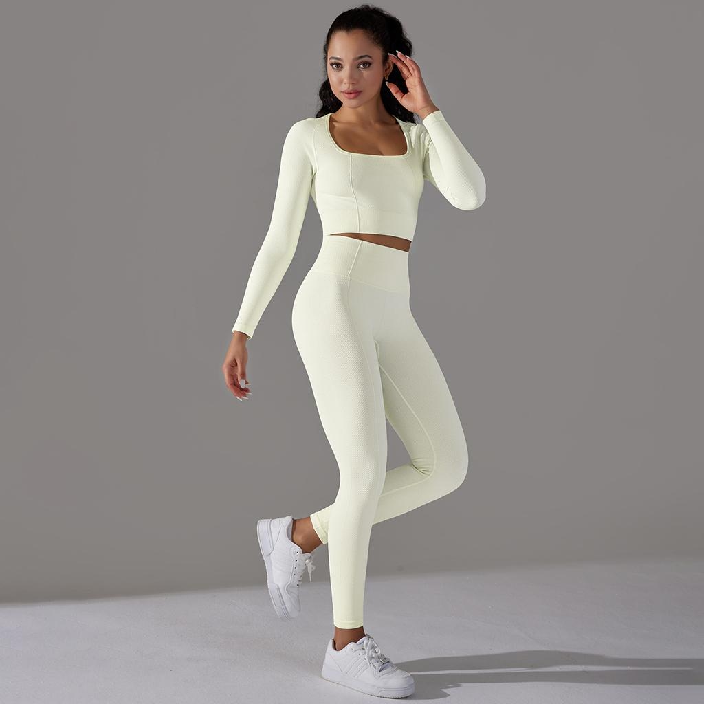 Seamless Knitted Long Sleeved Sports And Fitness Pants, Quick Drying Jacquard Breathable Hip Lifting Running Yoga Suit Set