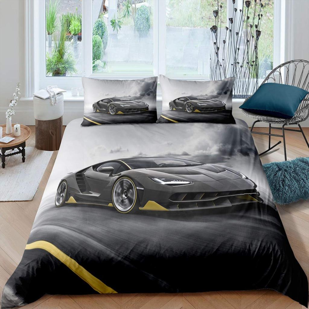 Race Car King Queen Duvet Cover Cool Speed Racing Bedding Set Teens Men Black Sport Car Quilt Cover Polyester Comforter Cover