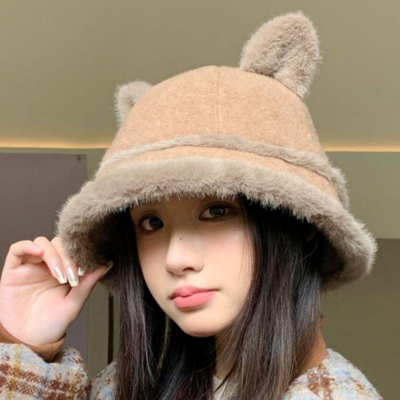 Autumn and Winter Hat Women's High-end Bucket Hat Versatile Plush Basin Hat Cat Ears Cute Warm Plush Hat