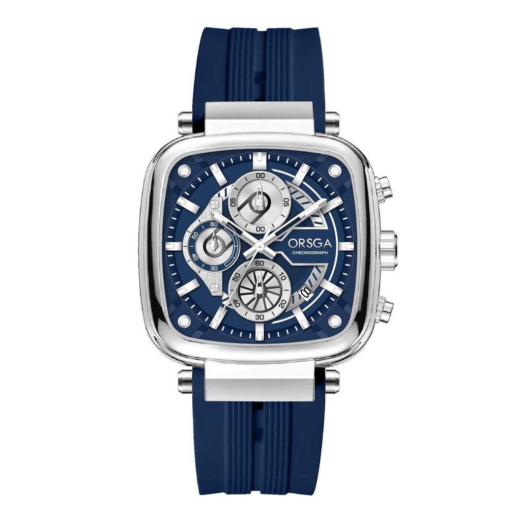 Mens Square Chronograph Watches Waterproof Luminous Quartz Wrist Watch with Silicone Strap