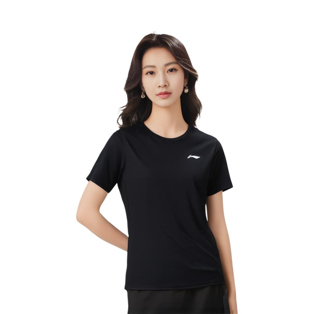 Li Ning Logo Jednokolorowy Szybkoschnący Oddychający T-shirt z Krótkim Rękawem i Okrągłym Dekoltem Unisex Top Czarny ATSS473-2