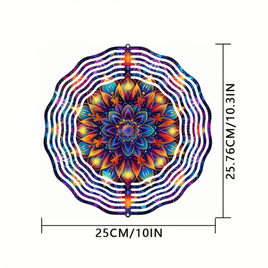 10palcový barevný mandala větrník – 3D laserem řezaná kovová umělecká dekorace, 360° otočný háček pro vnitřní/venkovní použití – Živý geometrický zahradní větrník