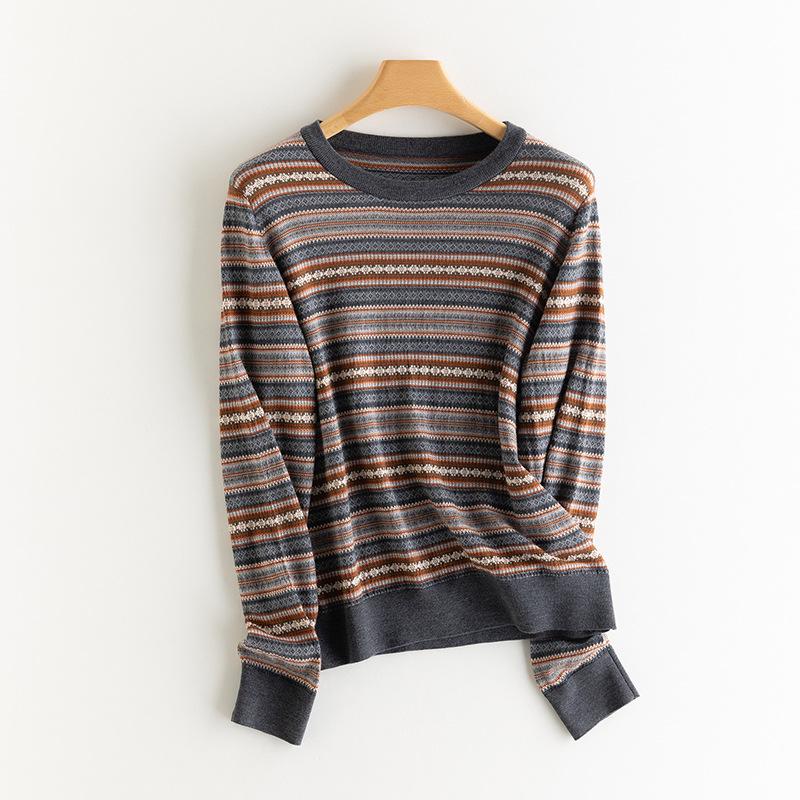 Women's Elegant Fine-spun Wool Striped Fair Isle Jacquard Sweater for Spring/Autumn 2026