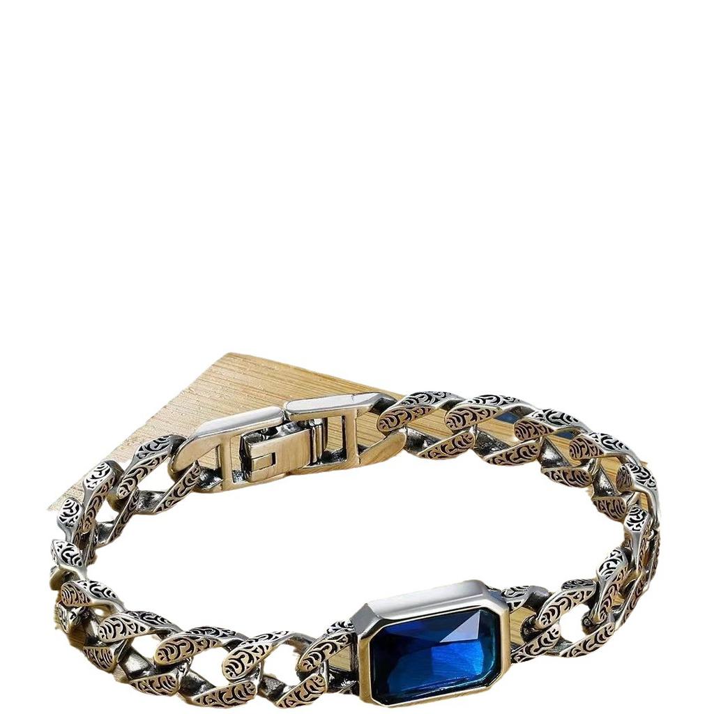 Blue Stone Tang Grass Pattern Couple's Bracelet, Male and Female Cuban Bracelet, a Pair of Korean Style Fashion