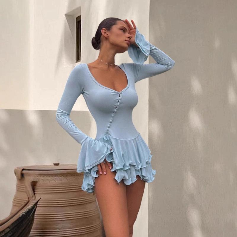 European & American Bell Sleeve Waist-Cinching Short Skirt Dress - Sexy Autumn/Winter Style for Women