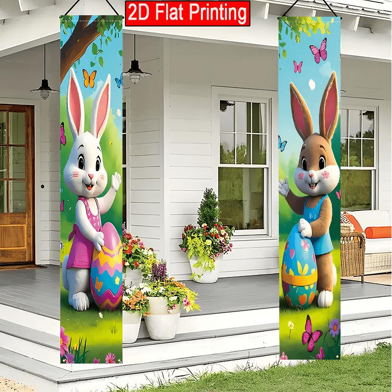 2D Flat - 2pcs 2D Flat Easter Porch Banner | 30.48x179.83 cm Polyester Door Couplet with Colorful Egg and Flower Design, Suitable for Outdoor Yard Fla