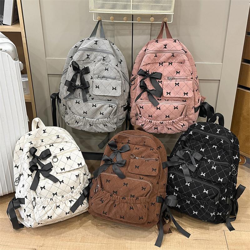 Corduroy Backpack Large Capacity Bow Print Backpack Student Schoolbag