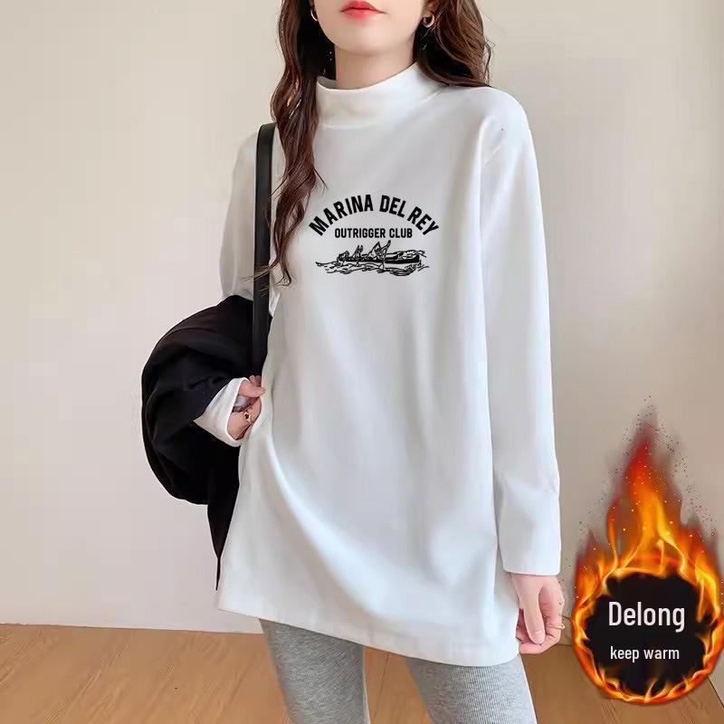 

New Women s Printed Semi-High Neck Warm Long Sleeve T-Shirt - Loose Mid-Length Base Layer for Autumn/Winter. Large