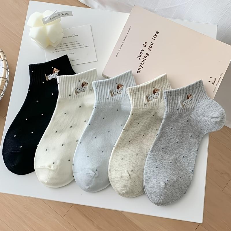 5 Pairs Women Cute Cartoon Dachshund Dog Ankle Socks Polka Dot Breathable Thin Low Cut Cotton Socks Pack 5pairs(10pcs)