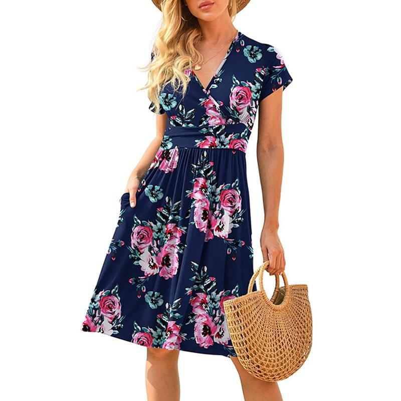 Fashionable New Women's Dress, V-neck Short-sleeved Printed Pockets, Elegant and Versatile