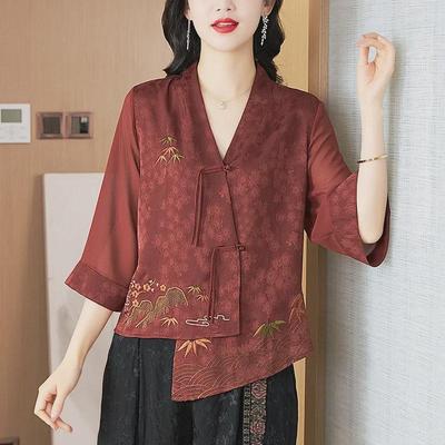 2024 Spring Women's Embroidered Buttoned Top - Irregular Design, Three-Quarter Sleeves