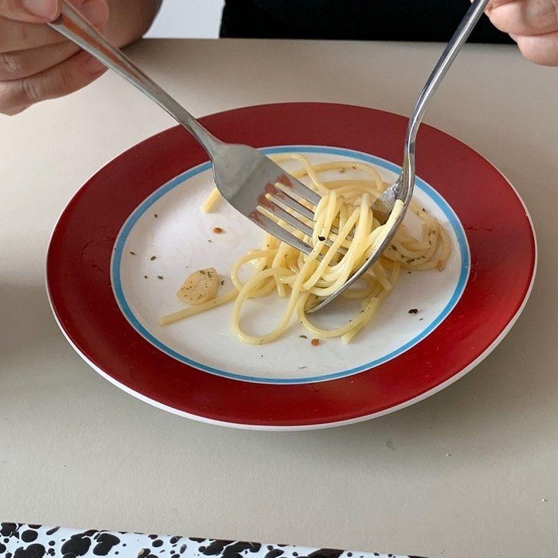 Simple Bright Blue Red Line Dining Plate French Dish Plate Dinner Plate Household Take Pictures of Beautiful Plates Salad Bowl