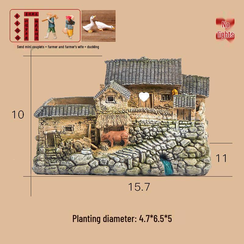 Retro Farmhouse Courtyard Miniature: Nostalgic Desktop Bonsai Decor for Living Room