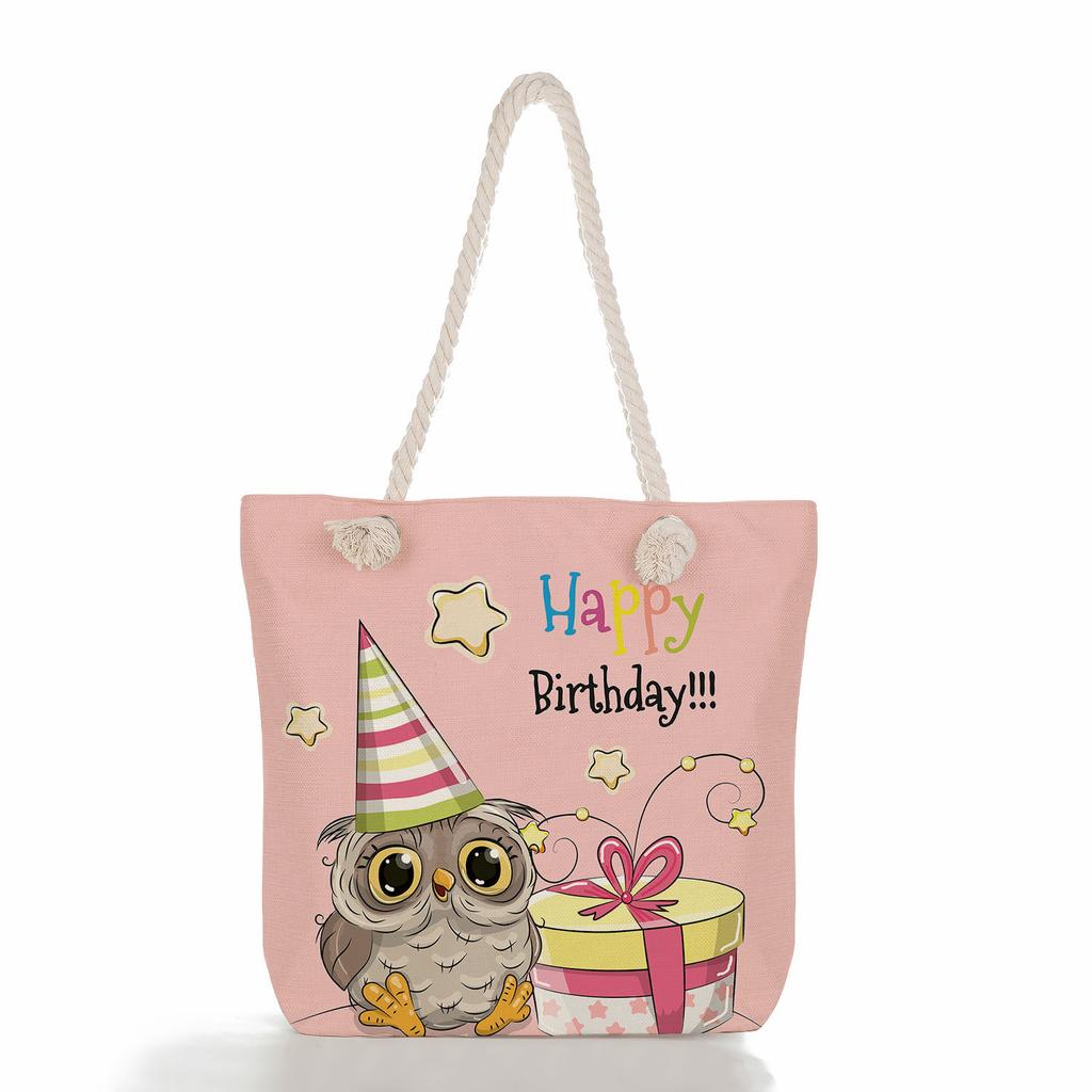 Cute owl print thick rope single-shoulder beach bag 7288 CLE