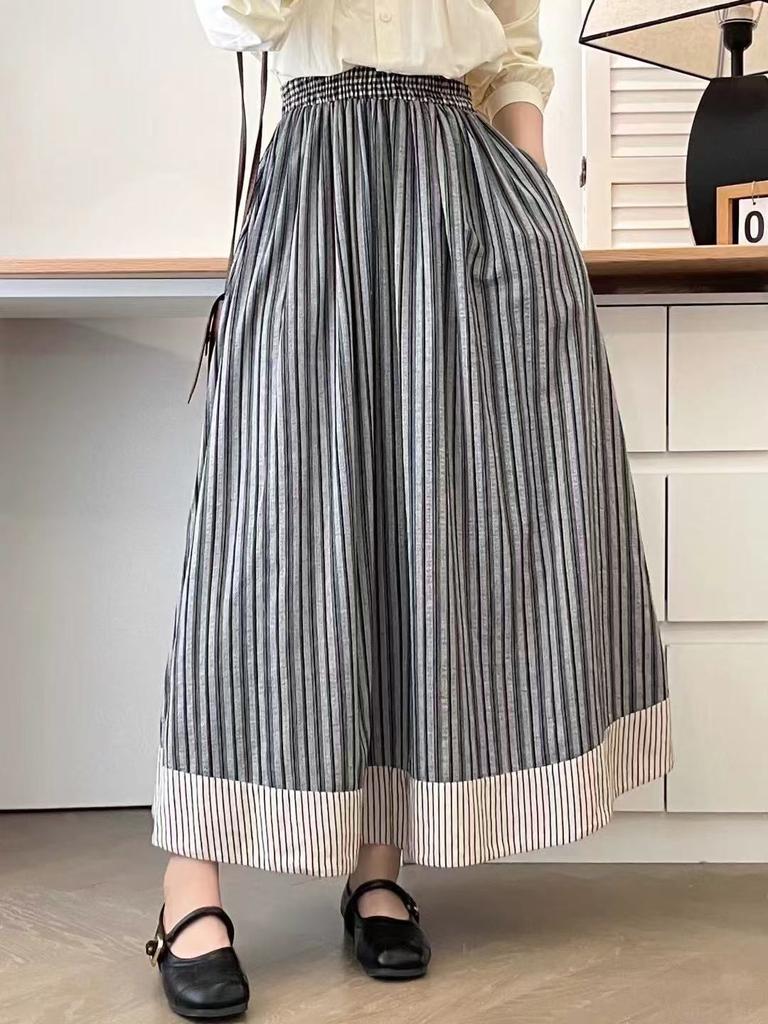 Johnature Retro Forest Striped Patchwork Skirt Spring Loose Versatile Elasticated Waist A-line Umbrella Skirts