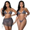 2022 Sexy 3 Piece Bikinis Suit Halter Moon Mesh Swimwear Women Beachwear Wave Point Swimsuit Female Beach Skirt Black Bikini Set