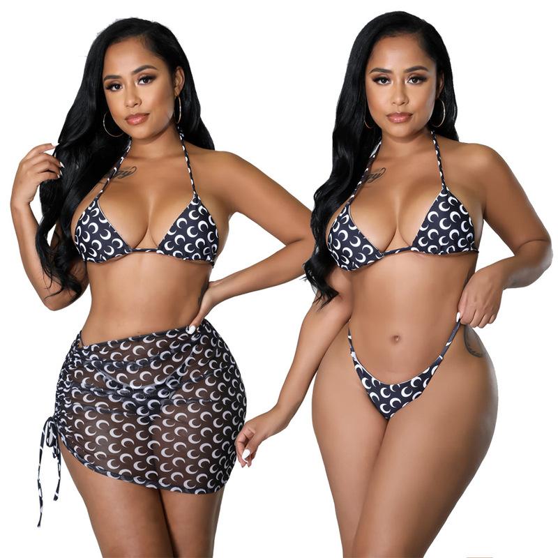 2022 Sexy 3 Piece Bikinis Suit Halter Moon Mesh Swimwear Women Beachwear Wave Point Swimsuit Female Beach Skirt Black Bikini Set