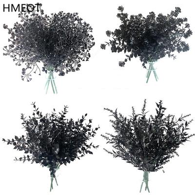 Halloween Black Artificial Plant Vine Eucalyptus Persian Fern Leaf Plastic Fake Flower Grass Home Party Garden Decor Photo Props