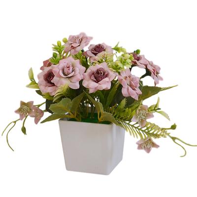 Vaso de flores artificiais em vaso, flor de pano realista, vaso de plástico, simulação de decoração
