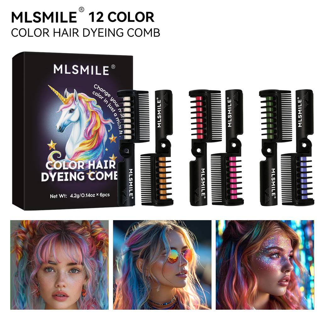 MLSMILE Colorful Hair Chalk Set, 6 Pieces Disposable Hair Color Comb, DIY Temporary Streak Hair Dye Stick, Party Makeup Tool