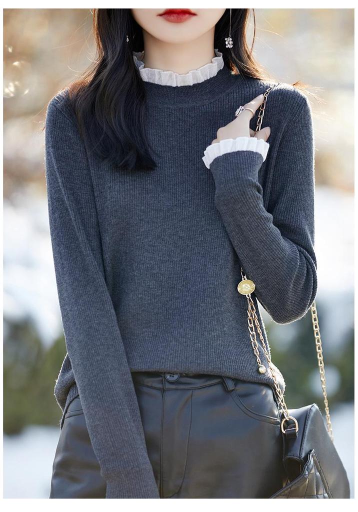 Women's Black Ruffle Lace Knit Sweater - Semi-High Neck Top for Spring/Autumn 2025