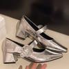 Fashion Women's Coarse Heel Shoes Spring New Type Square Head Shallow Mouth Crystal Buckle Anti-slip Wear-resistant Heel Shoes