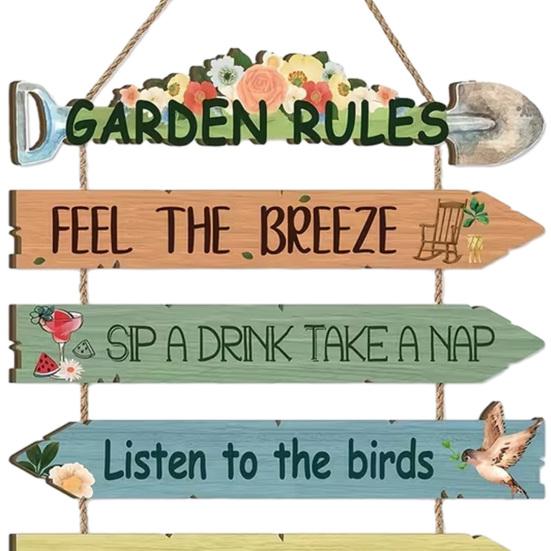 Garden Rules Hanging Sign, Spring Wooden Welcome Door Sign for Front Door, Rustic Farmhouse Wall Plaque for Porch Yard Gardening Shed Decoration