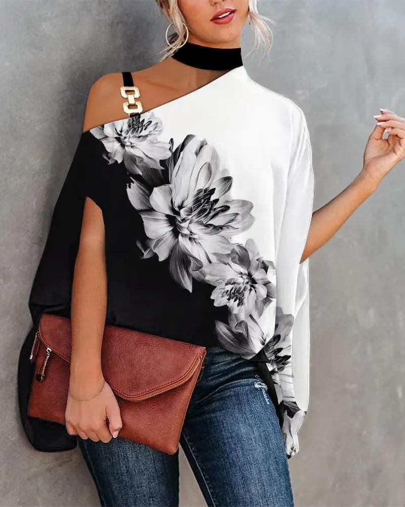 Women's Halter Neck Cold Shoulder Batwing Short Sleeve Loose Mixed Print Summer Blouse Shirt