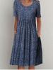 Summer Casual Retro Pleated Printed Beach Skirt Women Long Style Large Skirt Hem Elegant Female Vintage Round Neck Short Sleeved Ladies Party Dress