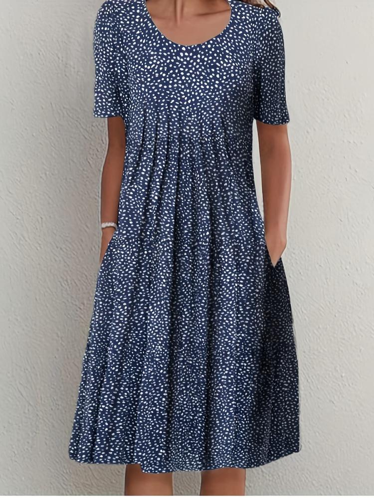 Summer Casual Retro Pleated Printed Beach Skirt Women Long Style Large Skirt Hem Elegant Female Vintage Round Neck Short Sleeved Ladies Party Dress
