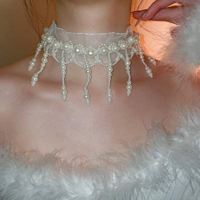 Zinc Zinc Alloy Tassel Beads Necklace White Mesh Neck Jewelry Neck Pendant Pearl Lace Choker  Daily