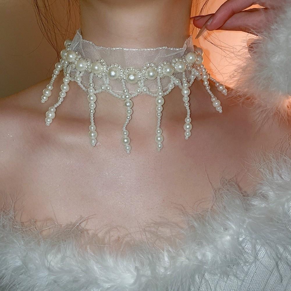 Creative Pearl Lace Choker White Mesh Neck Jewelry Personalized Tassel Beads Necklace  Accessories