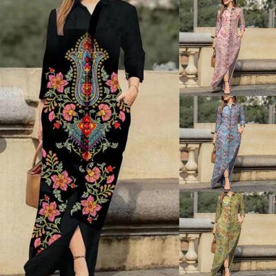 Women's Casual Printed Pocket Button-Down Long Dress with Turn-Down Collar